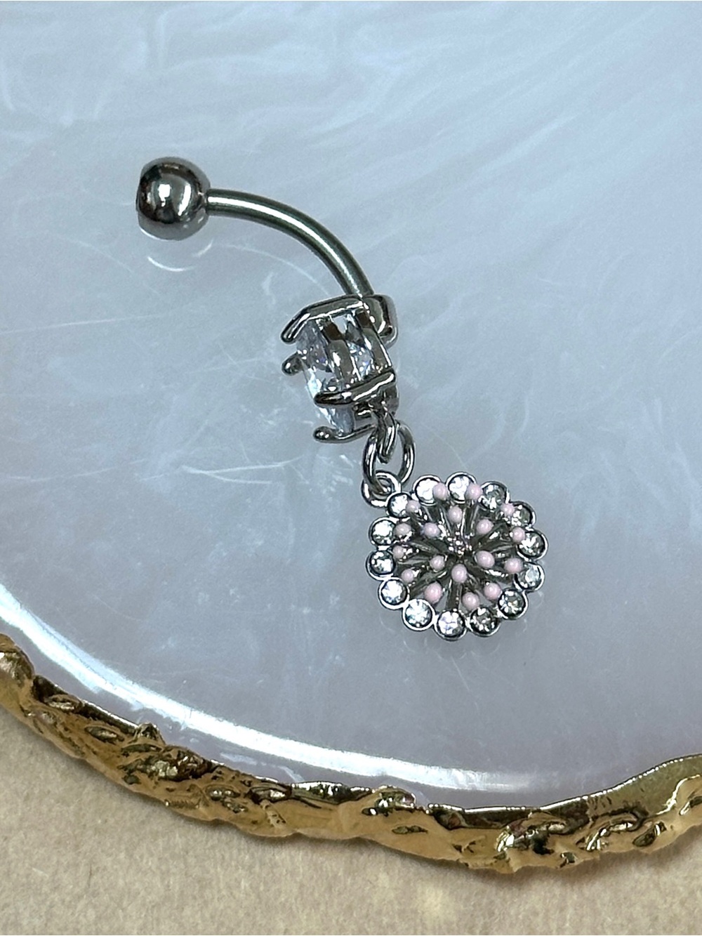 Clear gem pink flower dangle belly button ring navel ring